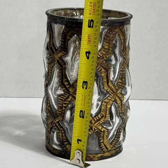 Ornate Art Deco Style Glass Vase with Metal Overlay Embossed Geometric Pattern - Picture 4 of 5